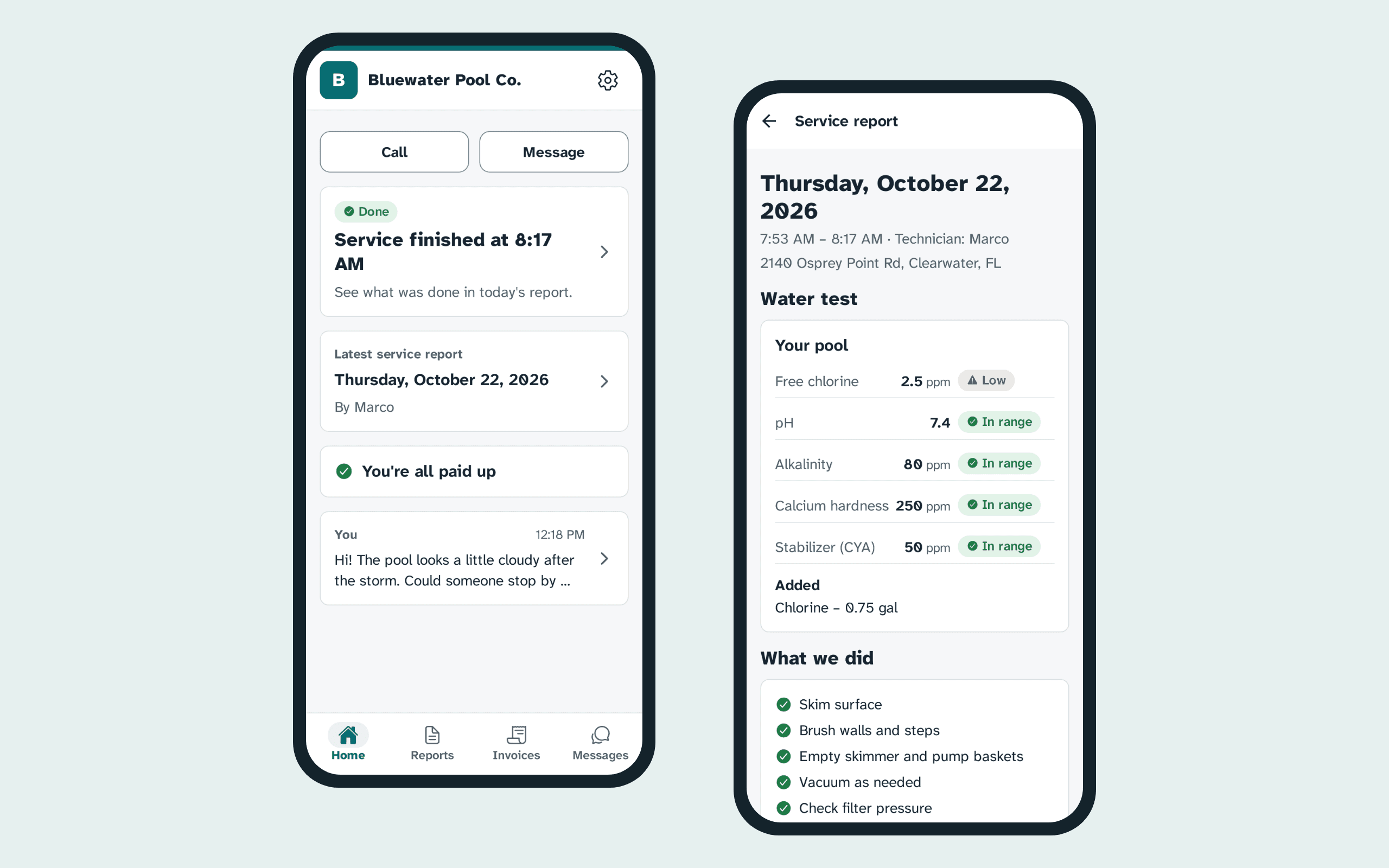 The customer app on two phones: the home screen with today's finished service, the latest report and a message to the office, and a service report with the water test results.