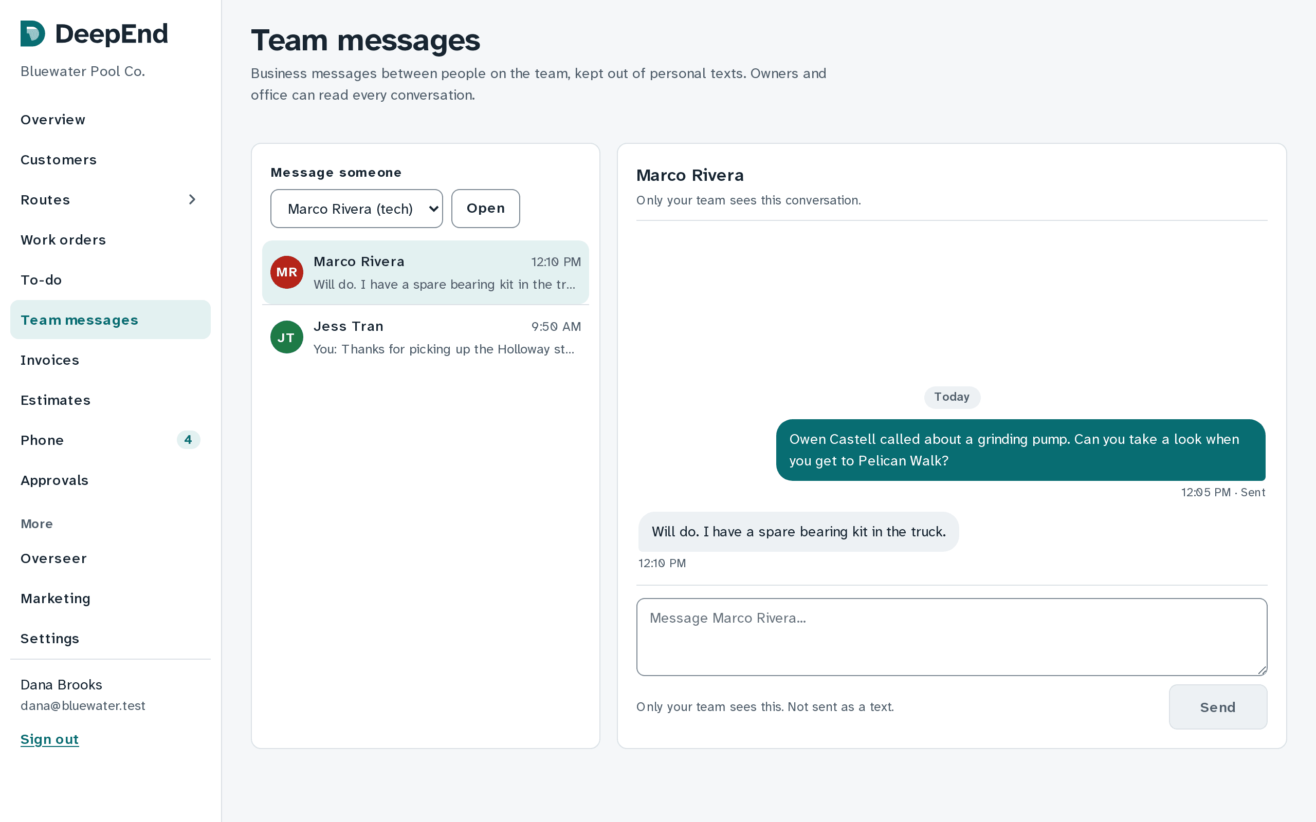 Team messages: a conversation between the owner and a tech about a customer's pump.